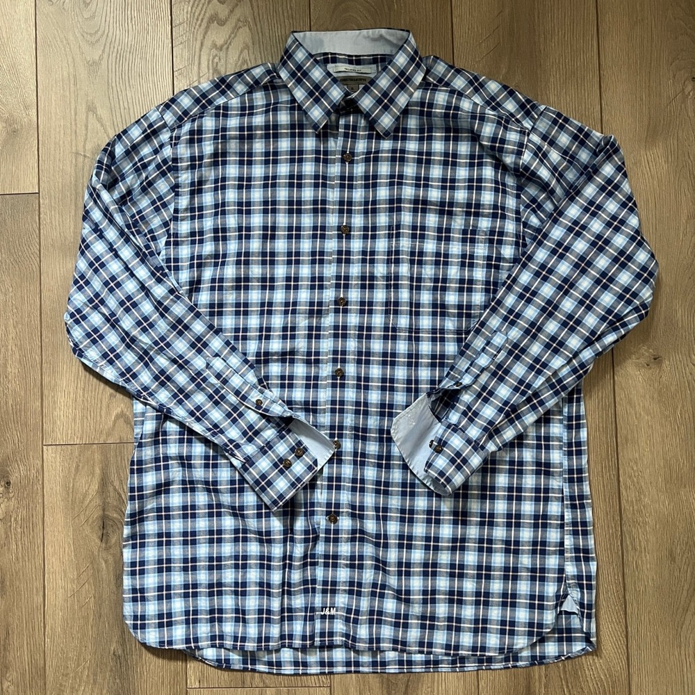 Johnston & Murphy Mens XL Tailored Fit Blue Plaid Long Sleeve Button Down Shirt